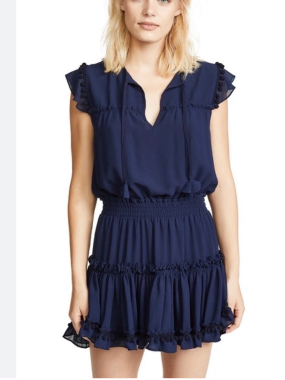 Misa Los Angeles Navy Ruffle-Sleeve Smocked Mini Dress small Aryana